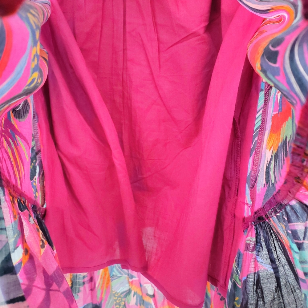 Anthropologie Farm Rio Rainbow Macaws Mini Dress Puff Sleeve Ruffle NEW - Picture 6 of 8